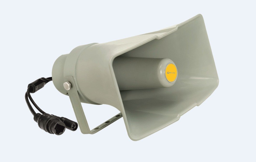 SIPTOUCH IP horn speaker product photo with mounting bracket and Ethernet and power connectors
